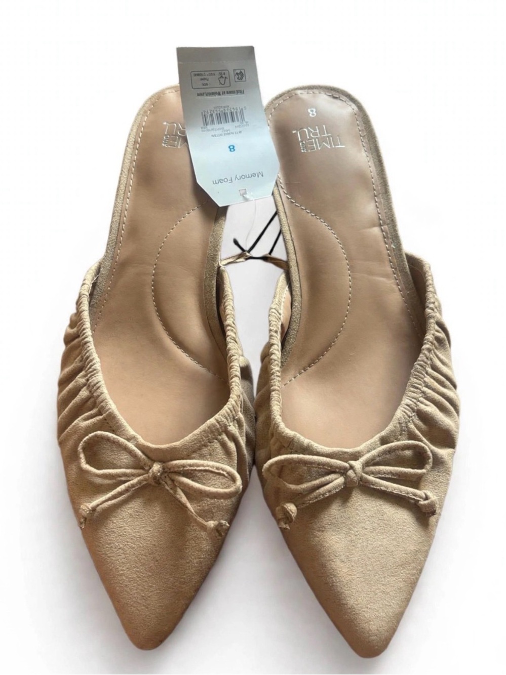 Time and Tru Sand Suede Bow Kitten Heel Mules Size 8 NWT Memory Foam
